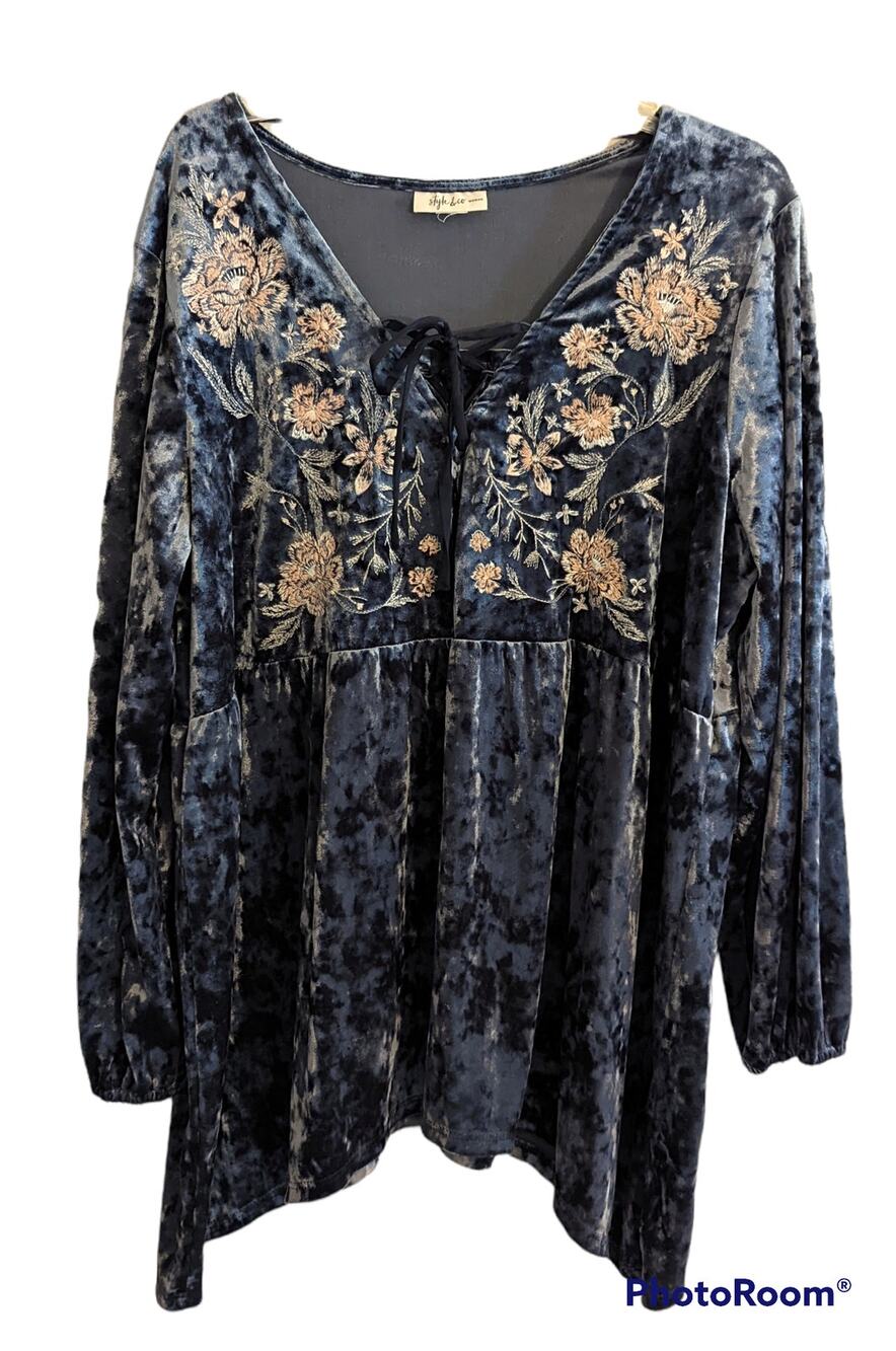 Style & Co. Whimsy Gray Crushed Velvet Embroidered Bohemian Peasant Top 2X